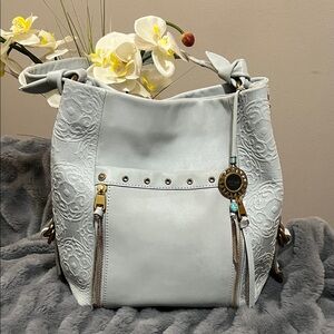 The Sak OJai Blue Embossed Leather Bucket Shoulder Bag EUC Retail $179